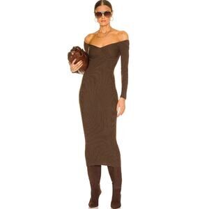 L'Academie Long Sleeve Tucci Knit Bustier Ribbed Midi Dress Womens Small Brown